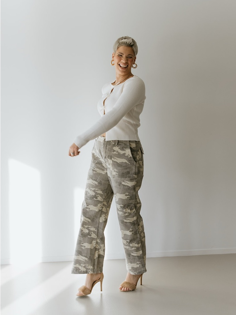 Straight Leg Women’s Jeans in Gray Cream Camo